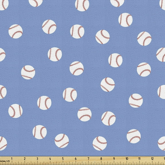 Ambesonne Baseball Fabric by the Yard Upholstery, Softball Themed Pattern, 2 Yards, Vermilion Pale Blue