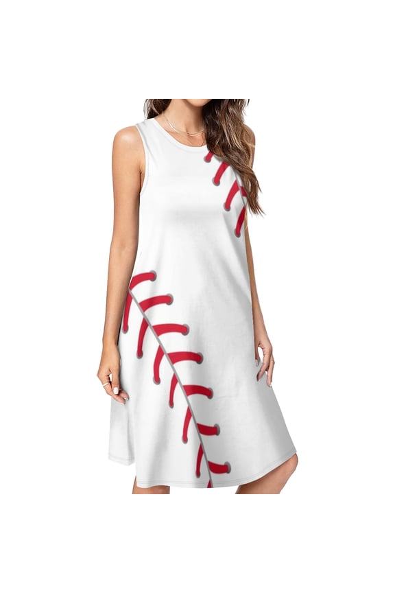 Baseball Fence Spring Summer Dresses for Women Fashion T-shirt Dress Casual Sleeveless Loose Sundress with Pockets