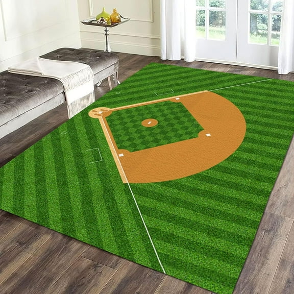 Baseball Field Area Carpet, 4ft x 8ft, Green Sports Field Living Room Carpet, Pet Friendly Low Pile Easy Clean Rugs, Soft Durable Machine Washable Rug for Office Floor Bedside