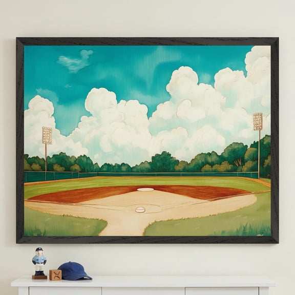 Baseball Field Retro Illustration Wall Art Sports Stadium Decor Summer Baseball Diamond Pr