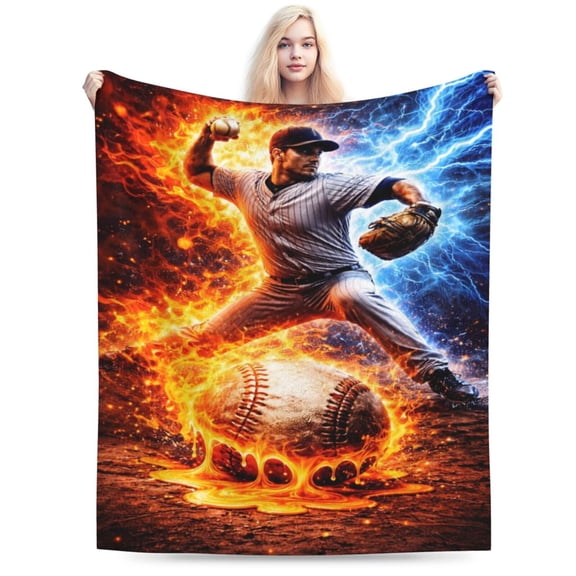 Baseball Fire Lightning Blanket, Dynamic Sports Pitcher Throw, Athletic Energy Fleece Blanket for Fathers Day Game Room Decor 50x40