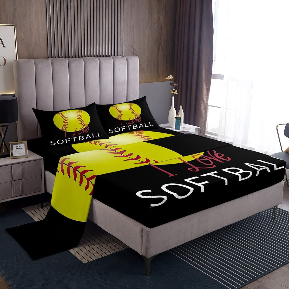 Baseball Fitted Sheet Set Full Size 4 Pcs 3D Baseball Boys Young Man