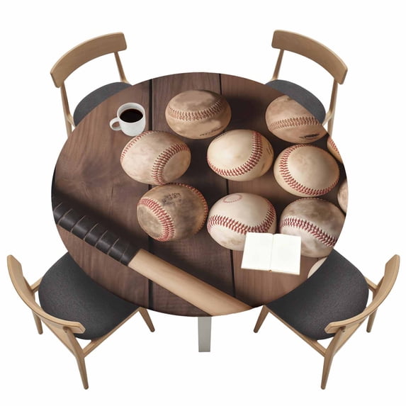 Baseball Fitted Tablecloth with Elastic Edged, Round Table Cloth for Dining Table, Farmhouse Retro Sport Theme Brown Wooden Grain Waterproof Oil Proof Table Cover for Indoor Outdoor 55"-60"