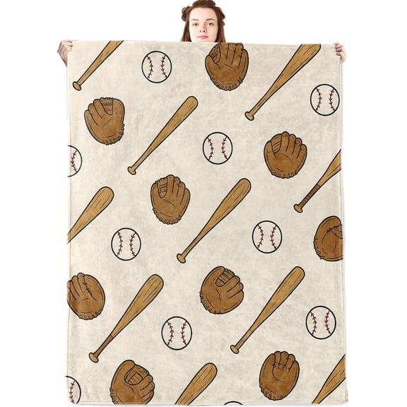 Baseball Flannel Blanket,Cartoon Throw with Glove,Bat and Ball on Beige Background,Lightweight Fleece Blankets for Sport Lover,Couch,Cabin,Bed,Camping Athletic Decor Gifts,50x40in