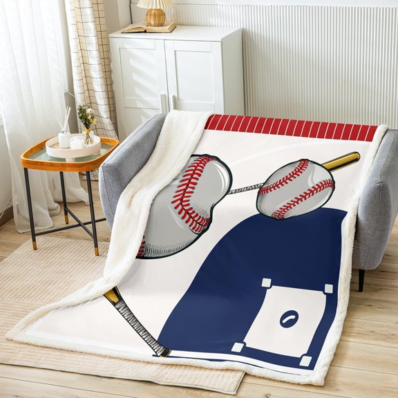 Baseball Fleece Throw Blanket Kids Gaming Sports Plush Blanket for Bed Sofa Couch Baseball Court Sherpa Blanket Utra Soft Sports Theme Blue White Fuzzy Blanket Room Decor 30" x 40"