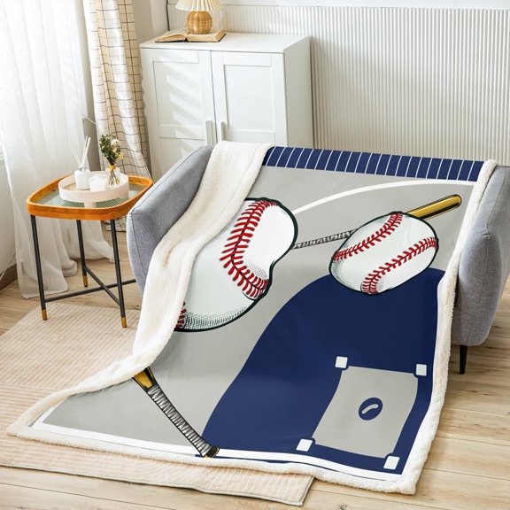 Baseball Fleece Throw Blanket Throw Kids Baseball Court Plush Blanket for Bed Sofa Couch Gaming Sports Sherpa Blanket Utra Soft Sports Theme Blue Gray Fuzzy Blanket Room Decor 40" x 50"