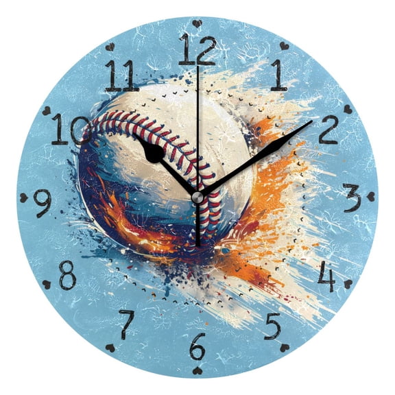 Baseball Flies in Lightning Speed Round Wall Clock Silent Analog Battery Operated Black Pointer Home Decor 9.84" Diameter