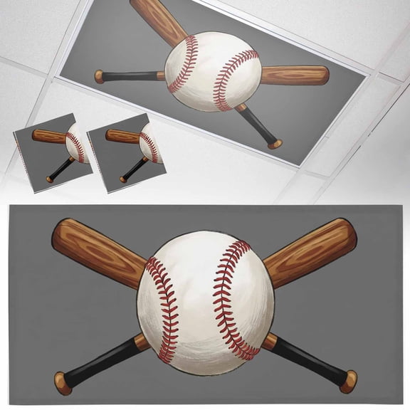 Baseball Fluorescent Light Covers Sports Gray Background Cartoon Magnetic Light Filters Ceiling Lighting Panel Shade for Classroom Office Home 2 x 4 ft, 2 Pack