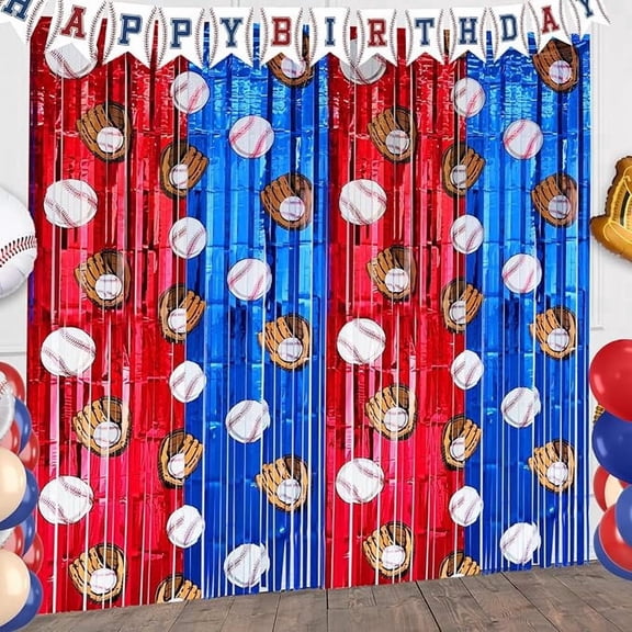 Baseball Foil Fringe Curtains 2 Pack 3.2x6.6ft Sandlot Party Backdrop