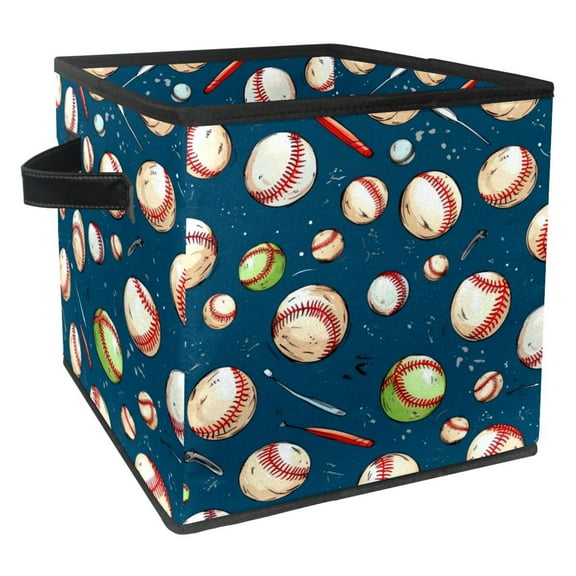 Baseball Foldable Toy Box with Handle Storage Bin, 10.8"x10.5"x10.6", Large Capacity