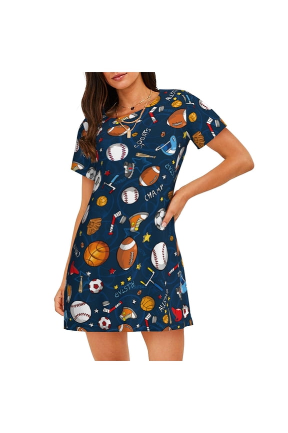 Baseball Football Basketball Sport Theme Women'S Nightgown Sleepwear Short Sleeves Nightshirt Loose Comfy Pajama Large