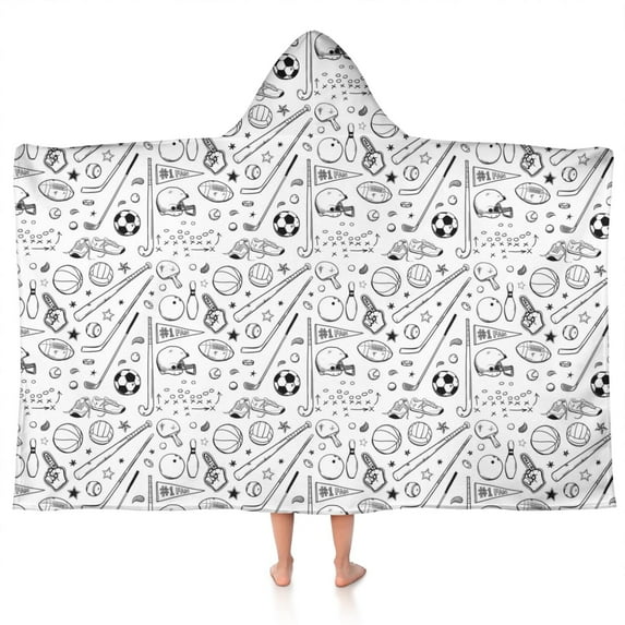 Baseball Football Pattern Hooded Bath Towel,50"x30" for Ages 3 To 12 Kids, Quick Dry Lightweight Soft Microfiber Hood Beach Towel Cover Up for Kids
