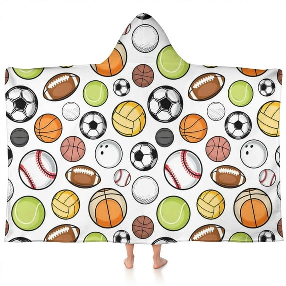 Baseball Football Pattern Hooded Bath Towel,60"x35" for Ages 3 To 12 Kids, Quick Dry Lightweight Soft Microfiber Hood Beach Towel Cover Up for Kids