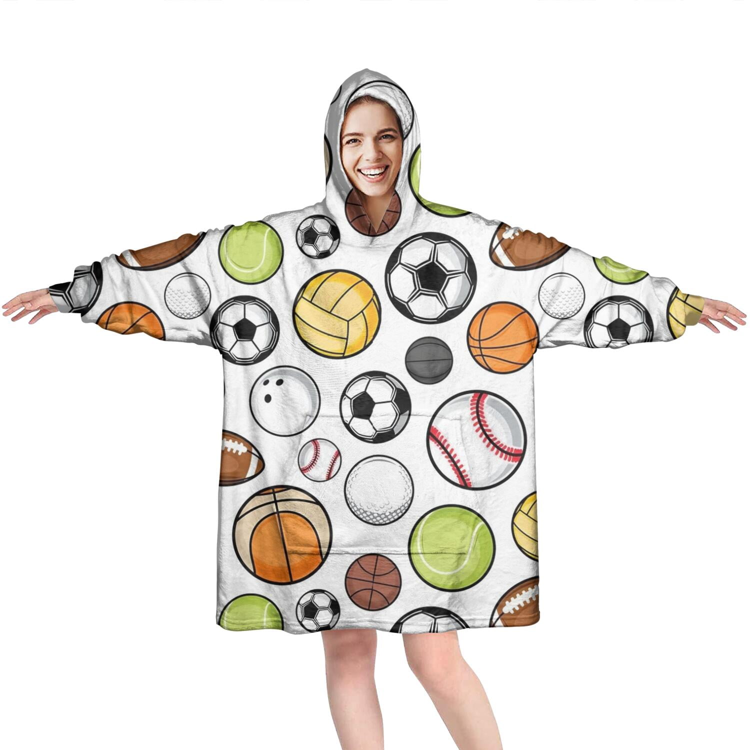 Baseball Football Pattern Wearable Oversized Blanket,Wearable Blanket Hoodie for Adults,Cozy Hooded Blankets with Super Pockets,Super Warm Fuzzy Pullover for Women & Men