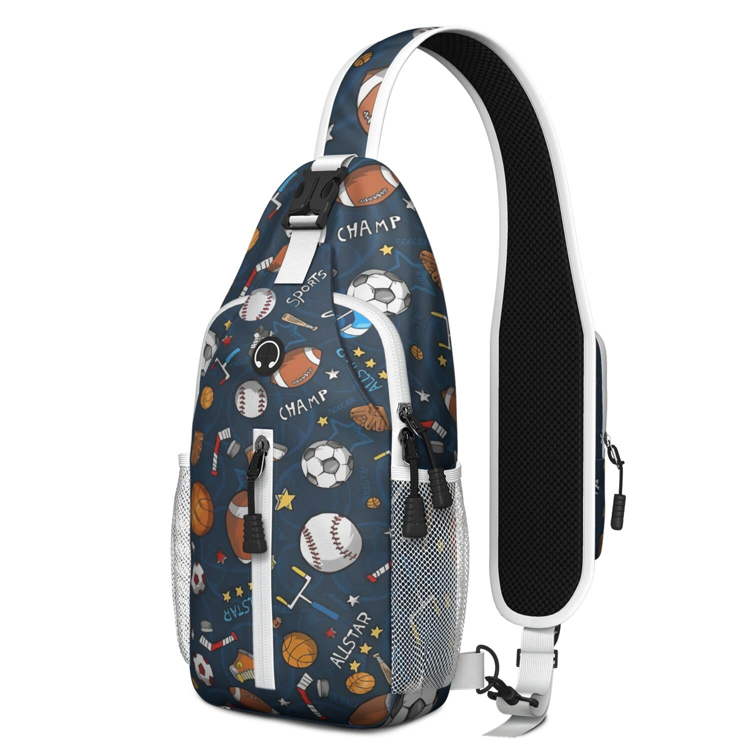 Baseball and Football Print Sling Bag for Boys – Lightweight Durable Polyester Crossbody Backpack with Secure Zippers, Large Compartments, Mesh Side Pockets for Training, Competition, and Outdoor Play