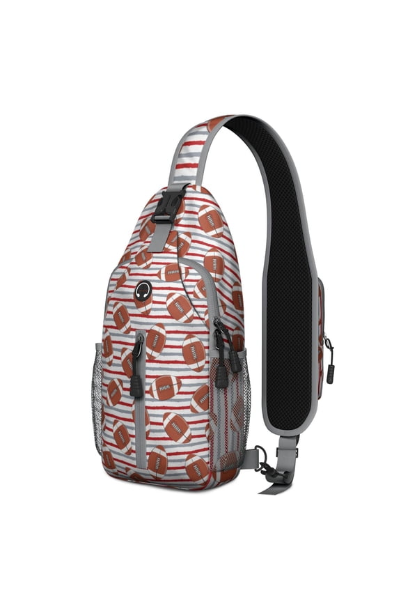 Baseball and Football Print Sling Bag for Boys – Lightweight Durable Polyester Crossbody Backpack with Secure Zippers, Large Compartments, Mesh Side Pockets for Training, Competition, and Outdoor Play
