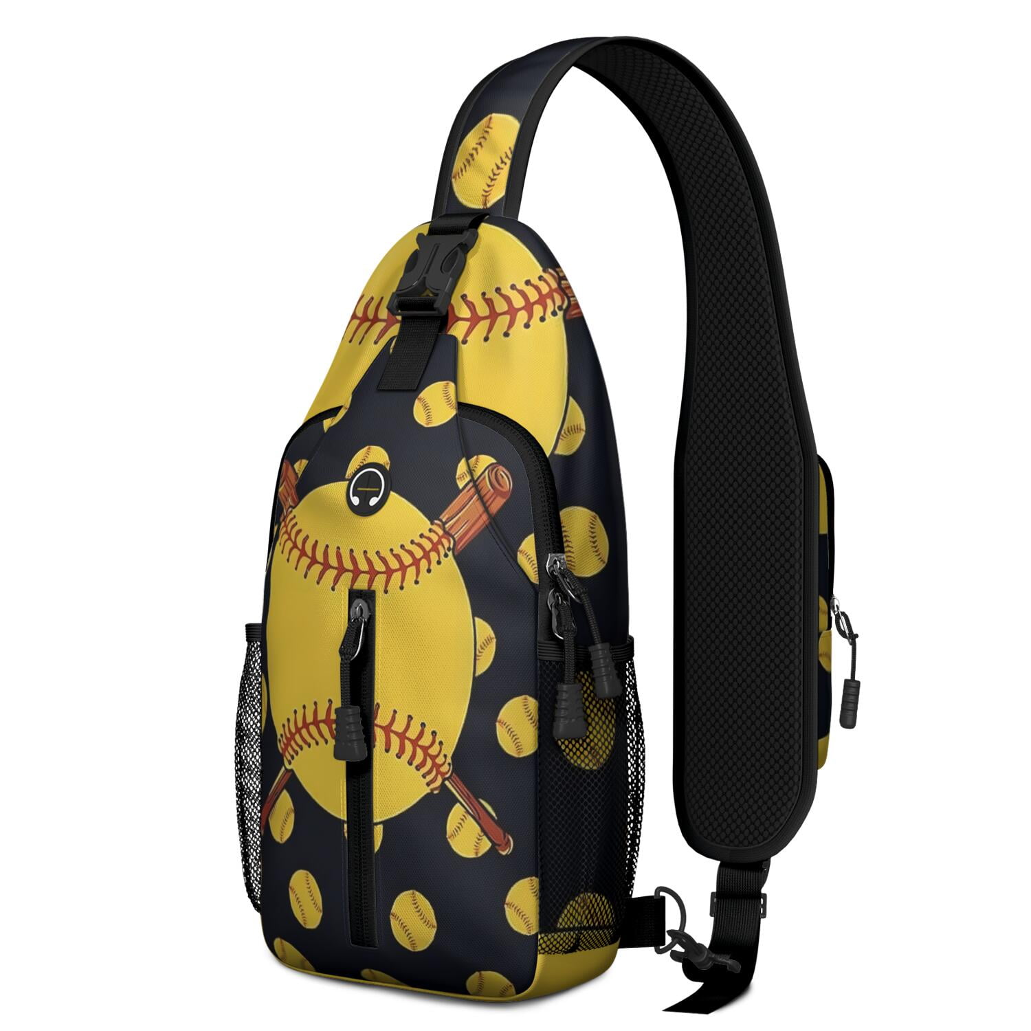 Baseball and Football Print Sling Bag for Boys – Lightweight Durable Polyester Crossbody Backpack with Secure Zippers, Large Compartments, Mesh Side Pockets for Training, Competition, and Outdoor Play