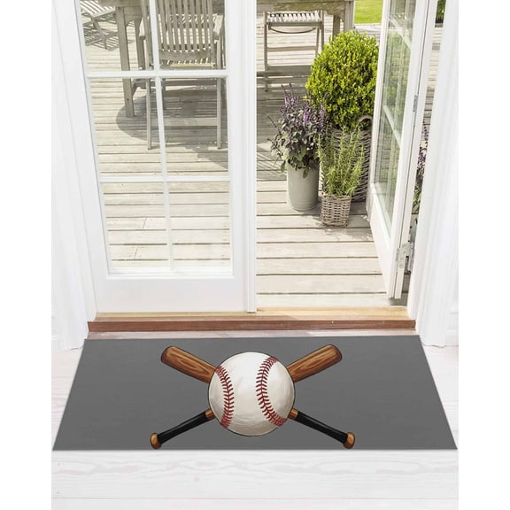 Baseball Front Door Mat Sports Gray Background Cartoon Welcome Doormat Indoor Outdoor Entrance Floor Mat Non-Slip Washable Runner Rug for Front Porch Decor 24x71 Inch