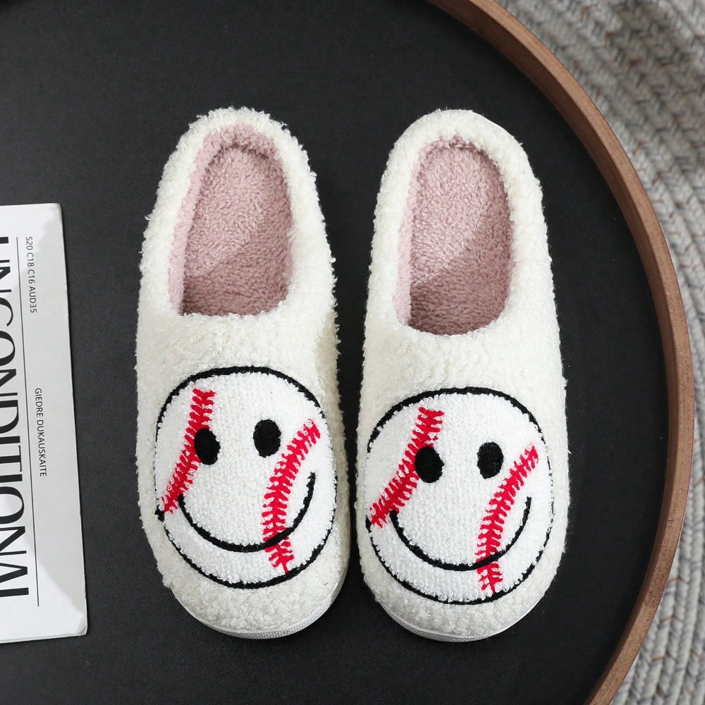 Baseball Fuzzy Slides Soft Slippers Cozy Indoor House Shoes with Smiley ...
