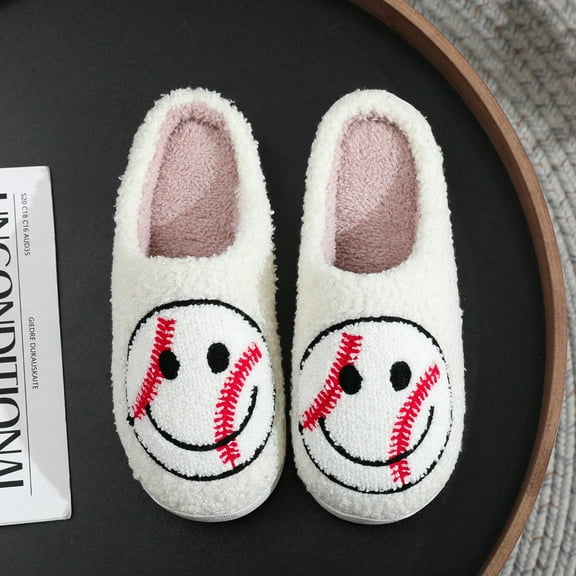 Baseball Fuzzy Slides Soft Slippers Cozy Indoor House Shoes with Smiley Baseball Face Embroidery Soft Plush Warm Footwear