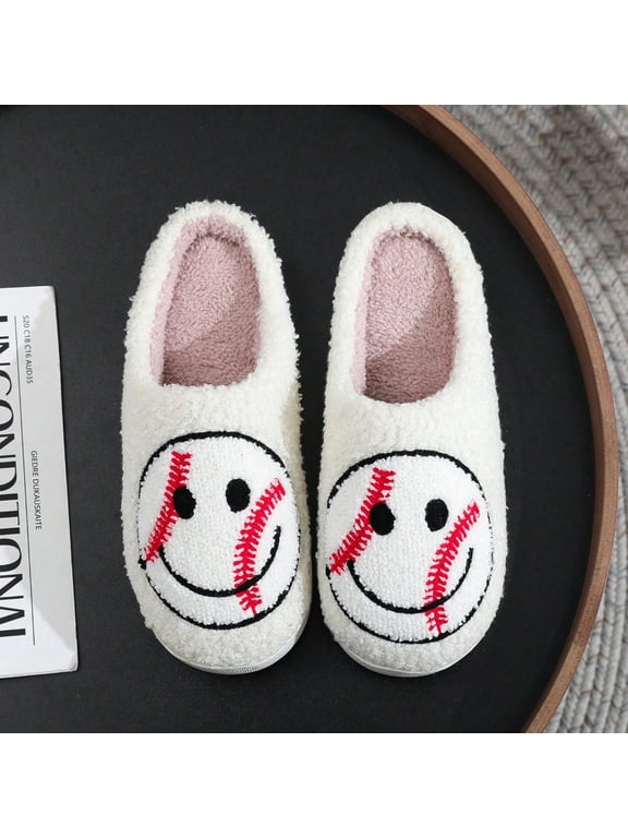 Baseball Fuzzy Slides Soft Slippers Cozy Indoor House Shoes with Smiley Baseball Face Embroidery Soft Plush Warm Footwear