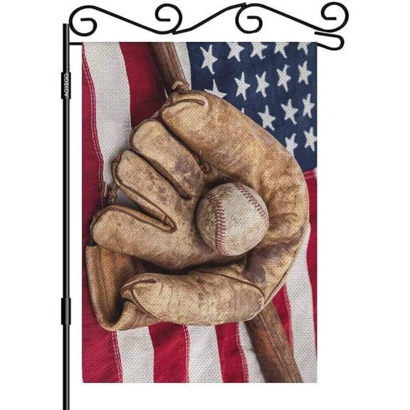 Baseball Garden Flag Vertical Double Sided 12.5 x 18 In Bat and Glove American Flag Design Farmhouse Burlap Yard Outdoor Decor