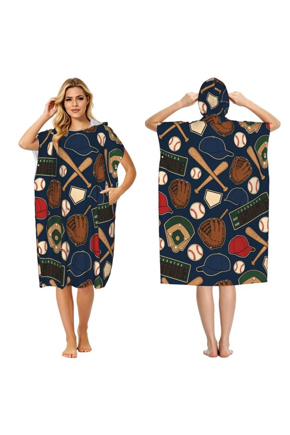 Baseball Gear Icon Pattern Adult Hooded Beach Towel Changing Robe, Surf Poncho Towel for Surfing, Swimming, Camping