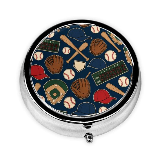 Baseball Gear Icon Pattern Mini Round Pill Box Portable Small Pill Case Organizer with 3 Compartments for Pocket Purse