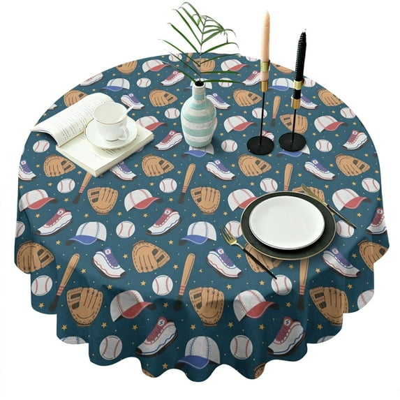 Baseball Gear Pattern Round Tablecloth 60"x60",Wrinkle Wipeable Table Cloth for Kitchen Dining Room Picnic Patio Party