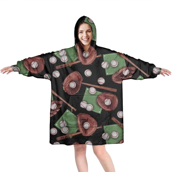 Baseball Gear Pattern Wearable Oversized Blanket,Wearable Blanket Hoodie for Adults,Cozy Hooded Blankets with Super Pockets,Super Warm Fuzzy Pullover for Women & Men