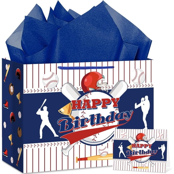 Baseball Gift Bag Baseball Birthday Party Gift Wrapping Bag with Tissue Paper and Greeting Card for Boys Men Sport Birthday Party Supplies Goodie Treat Baseball Birthday Gift Bag