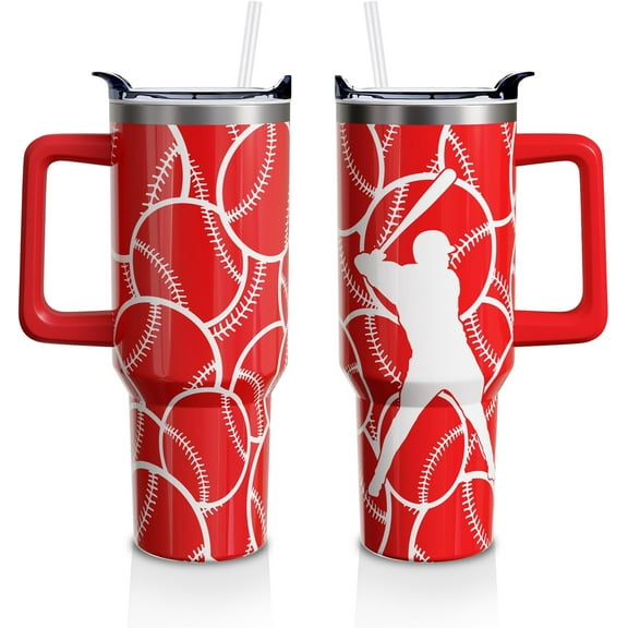 Baseball Gifts Cup for Men Boys, 40oz Tumbler with Handle and Lid Straw, Red Baseball Mom Fans Stainless Steel Insulated Water Bottle Mug (1PC)