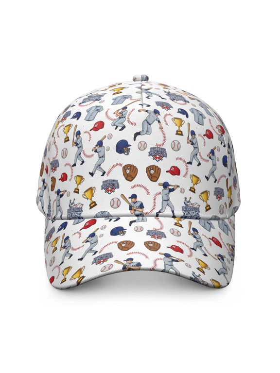 Baseball and Glove White Pattern Baseball Cap, Outdoor Travel Cap with Snap Closure & Sweatband, Breathable Eyelets Gifts for Birthday Christmas Thanksgiving
