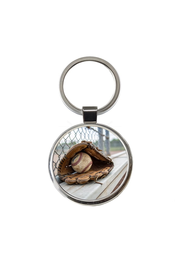 Baseball Glove With Baseball on Dugout Bench Metal Round Keychain