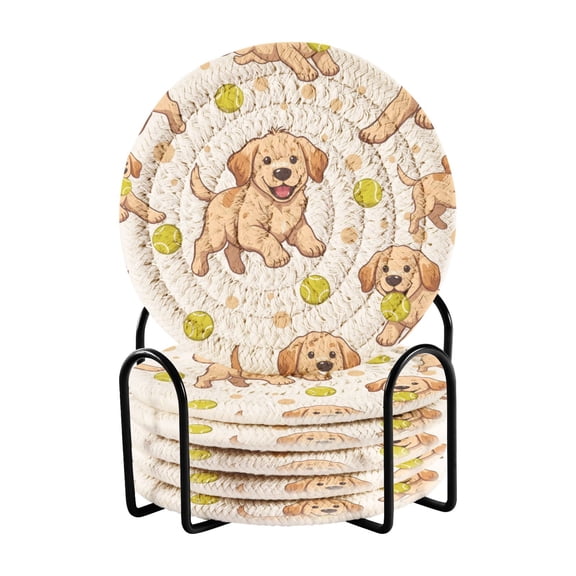 Baseball Golden Retriever Pattern Bar Coasters 6 Pack Braided Coasters with Holder Absorbent Heat Resistant