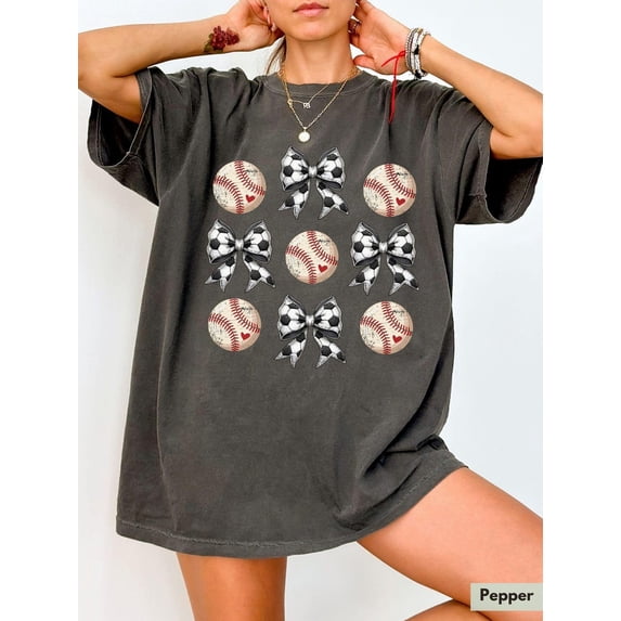 Baseball Graphic T-Shirt, Vintage Baseball Ball Bow Pattern Design ...