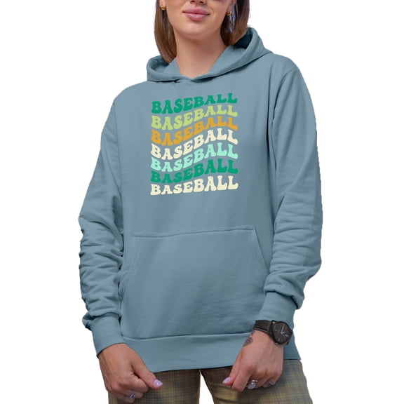 Baseball, Groovy Retro Wavy Text Merch Gift, Light Blue Hooded Sweatshirt or Hoodie, Medium
