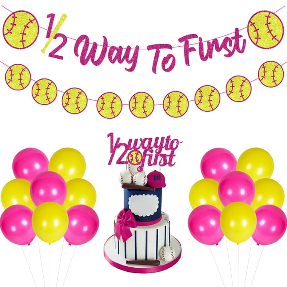 Baseball Half Birthday Decorations for Kids, Happy 1/2 Way To First Banner Cake & Cupcake Toppers Baseball Bat Foil Balloons for Softball Fast Pitch Sport Player Girl Boy Kids Birthday Party Supplies