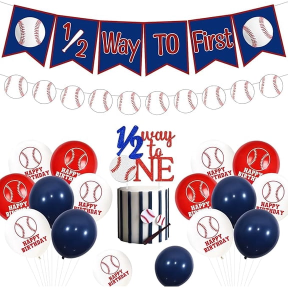 Baseball Half Birthday Party decor Blue Red 1/2 Way to First Baseball Banner Glitter Baseball Half Sport Baseball Cake Topper Happy Birthday Sport Baseball Latex Balloons for Boy Half Bday Party