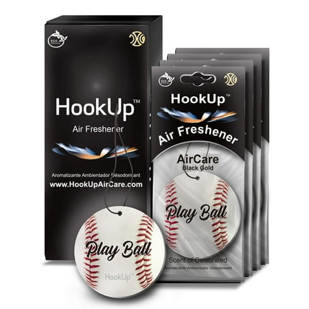 Baseball Hanging Car Air Freshener by HookUp - 4 Pack of Black Gold Scent | Unique Gift for Sports Fan- Teens, Men, Women | Car Accessory with Fresh & Long Lasting Fresheners Smell