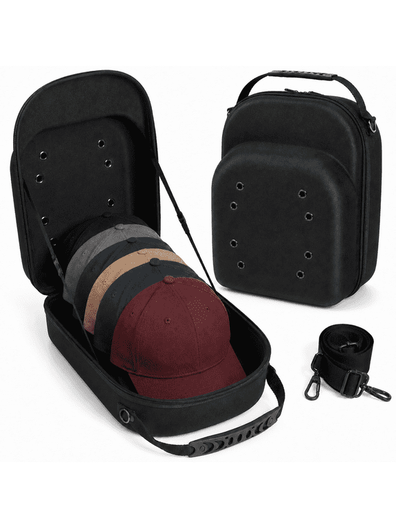Baseball Hat Case, Hat Carrier Travel Case with Carry Handle and Adjustable Shoulder Strap, Hat Cap Case for 6 Baseball Caps for Men & Women, Perfect for Traveling (Black)