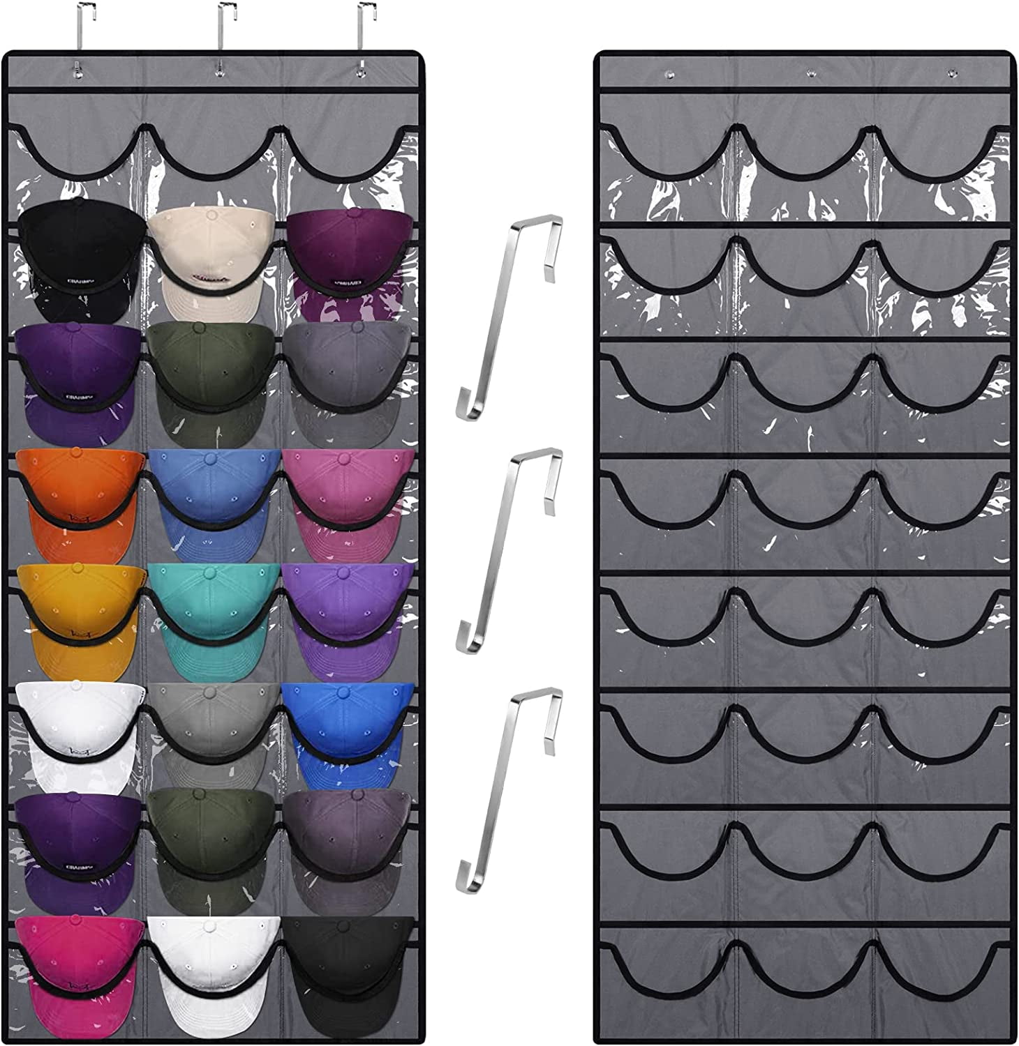 Baseball Hat Rack, 24 Pocket Over The Door Cap Organizer with Clear ...