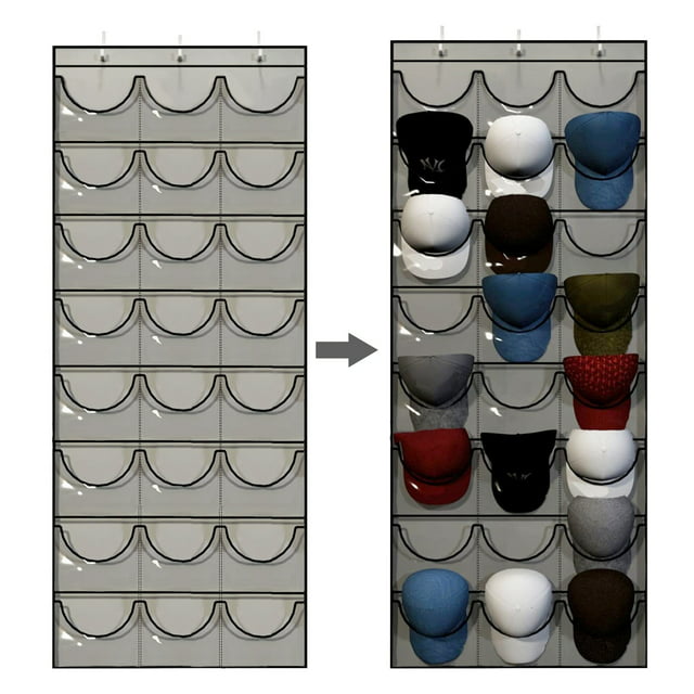 Baseball Hat Rack Over-The-Door Cap Organizer with 24 Clear Pockets & 2 ...