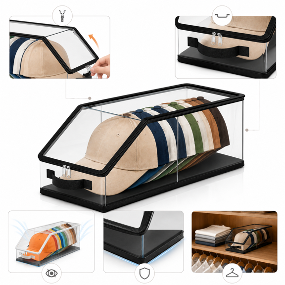 Baseball Hat Storage Box, Hat Holder Organizer with Clear Window Lid, Stackable Hat Box for Caps Snapbacks Trucker Hats Closet Shelf Storage