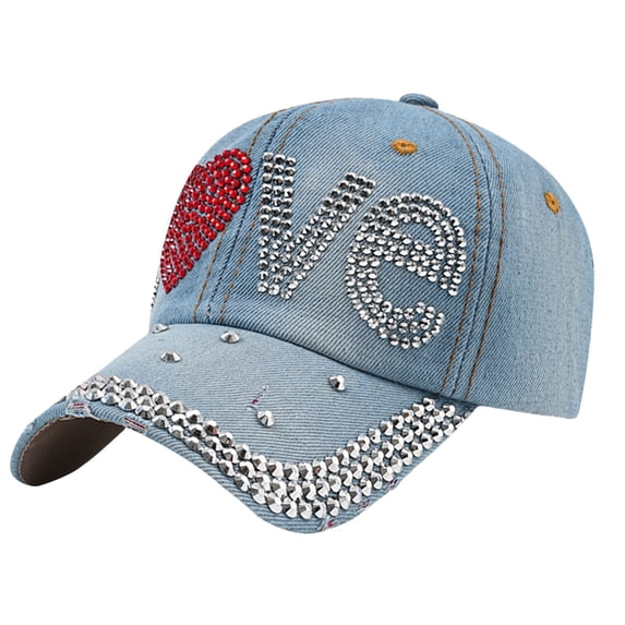 Baseball Hats for Men Women CQXIDFH Women Denim Studded Baseball Cap, Fashion Panel Design Sun Hat, Breathable Outdoor Visor Headwear for Daily Casual Wear, Bucket Hats (Sky Blue, One Size)