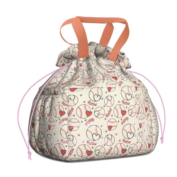 Baseball Heart Pattern Drawstring Lunch Bag Women - Drawstring Lunch Bag Insulated for Work Office - Stain-Resistant Large Lunchbags for Women with Multi-Pockets