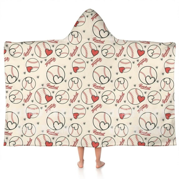 Baseball Heart Pattern Hooded Bath Towel,50"x30" for Ages 3 To 12 Kids, Quick Dry Lightweight Soft Microfiber Hood Beach Towel Cover Up for Kids