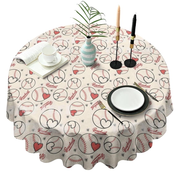 Baseball Heart Pattern Round Tablecloth 60"x60",Wrinkle Wipeable Table Cloth for Kitchen Dining Room Picnic Patio Party