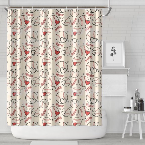 Baseball Heart Pattern Shower Curtain 72"x84" ,Bathroom Decorative Shower Curtains Set with 12 Hooks,Modern Waterproof Washable Shower Curtain