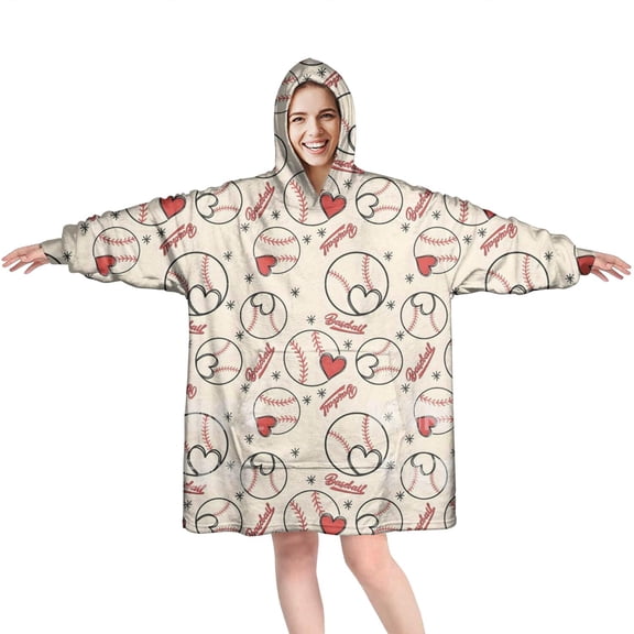 Baseball Heart Pattern Wearable Oversized Blanket,Wearable Blanket Hoodie for Adults,Cozy Hooded Blankets with Super Pockets,Super Warm Fuzzy Pullover for Women & Men